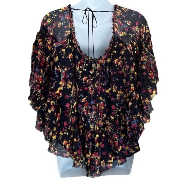 Free People Floral Print Raw Hem Butterfly Sleeve Top - Picture 5 of 9